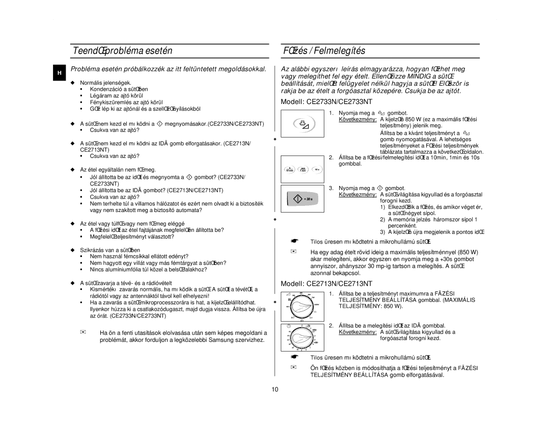 Samsung CE2713N/XEH manual TeendŒ probléma esetén, FŒzés / Felmelegítés 