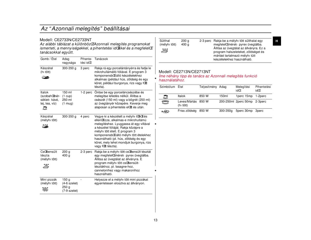 Samsung CE2713N/XEH manual Az Azonnali melegítés beállításai 