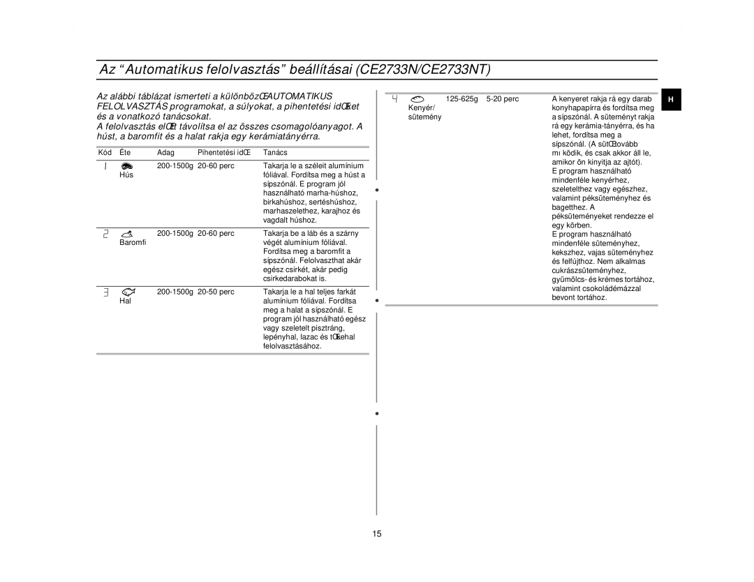 Samsung CE2713N/XEH manual Az Automatikus felolvasztás beállításai CE2733N/CE2733NT 