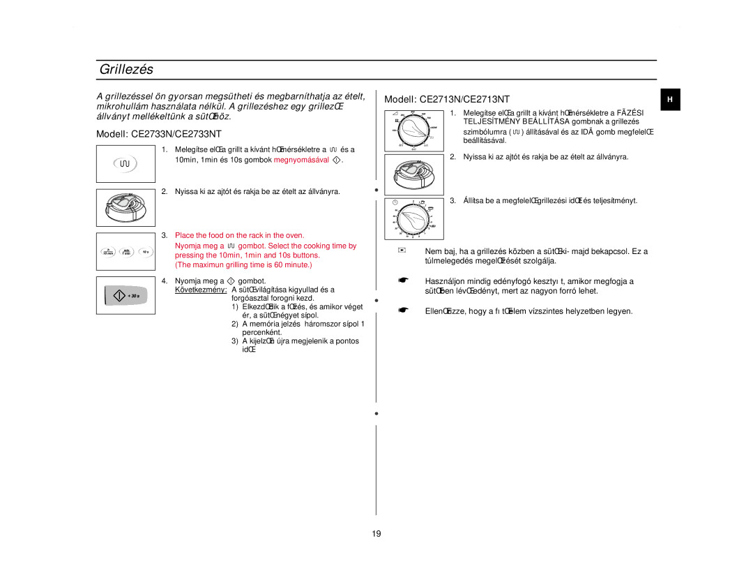 Samsung CE2713N/XEH manual Grillezés, 10min, 1min és 10s gombok megnyomásával 