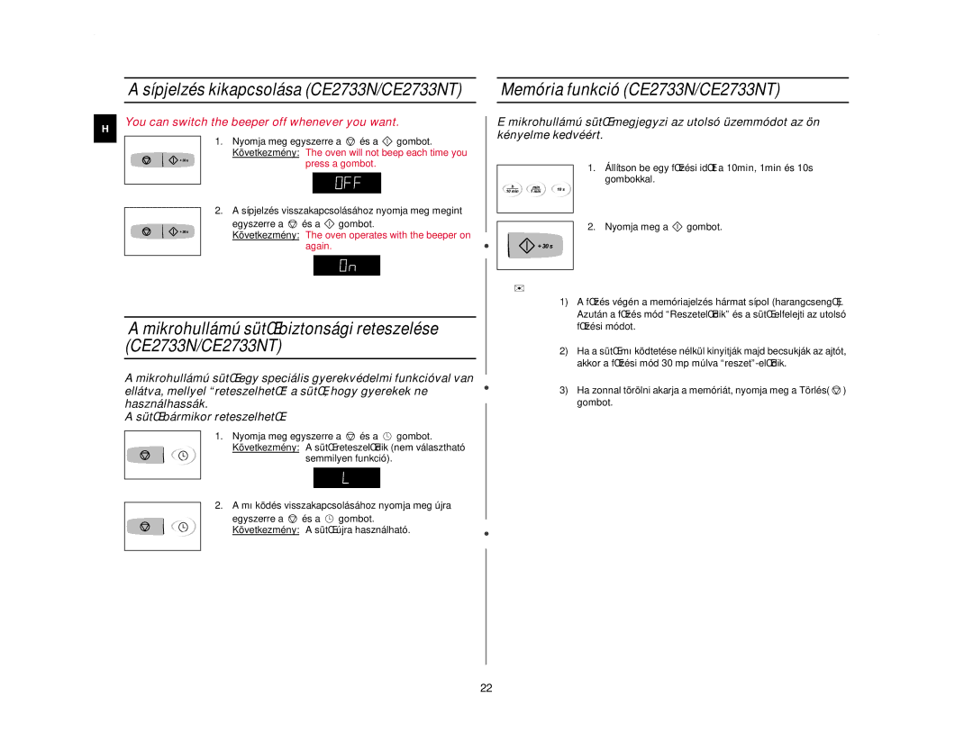 Samsung CE2713N/XEH manual Sípjelzés kikapcsolása CE2733N/CE2733NT, Memória funkció CE2733N/CE2733NT 