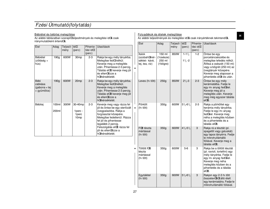 Samsung CE2713N/XEH manual Bébiétel és bébitej melegítése, Folyadékok és ételek melegítése 