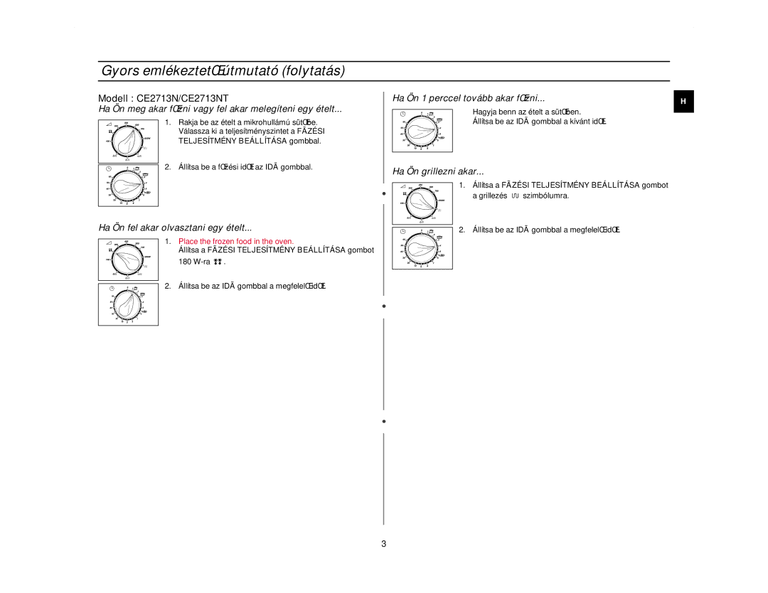 Samsung CE2713N/XEH manual Gyors emlékeztetŒ útmutató folytatás, Teljesítmény Beállítása gombbal 