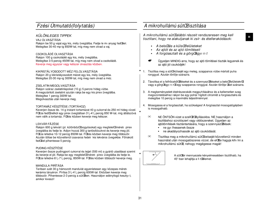 Samsung CE2713N/XEH manual Mikrohullámú sütŒ tisztítása, Különleges Tippek 