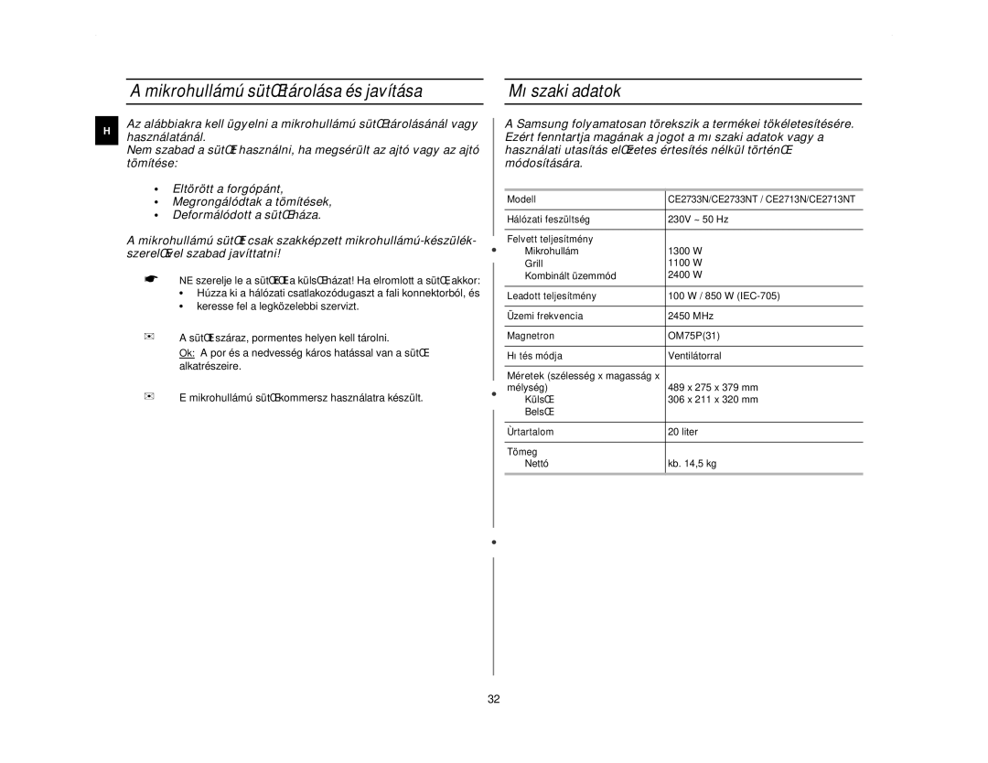 Samsung CE2713N/XEH manual Mikrohullámú sütŒ tárolása és javítása, Mıszaki adatok 