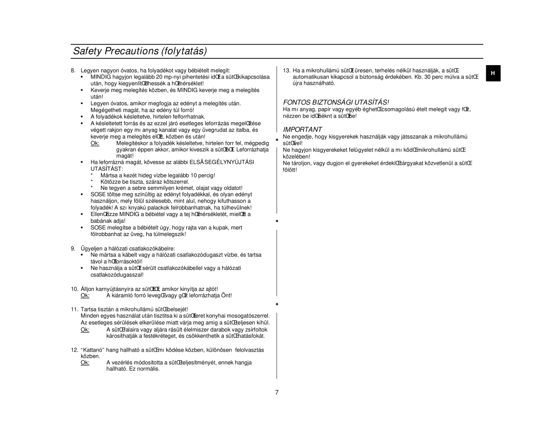 Samsung CE2713N/XEH manual Safety Precautions folytatás, Fontos Biztonsági Utasítás 