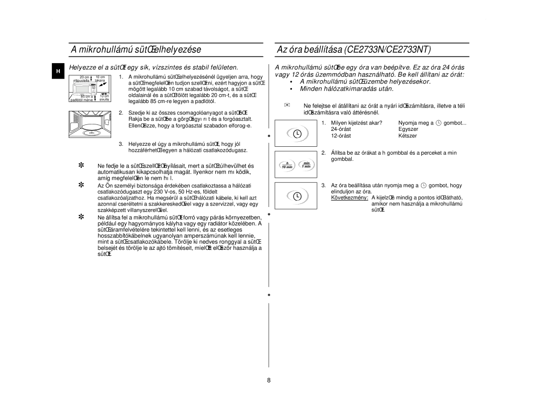 Samsung CE2713N/XEH manual Mikrohullámú sütŒ elhelyezése, Az óra beállítása CE2733N/CE2733NT 