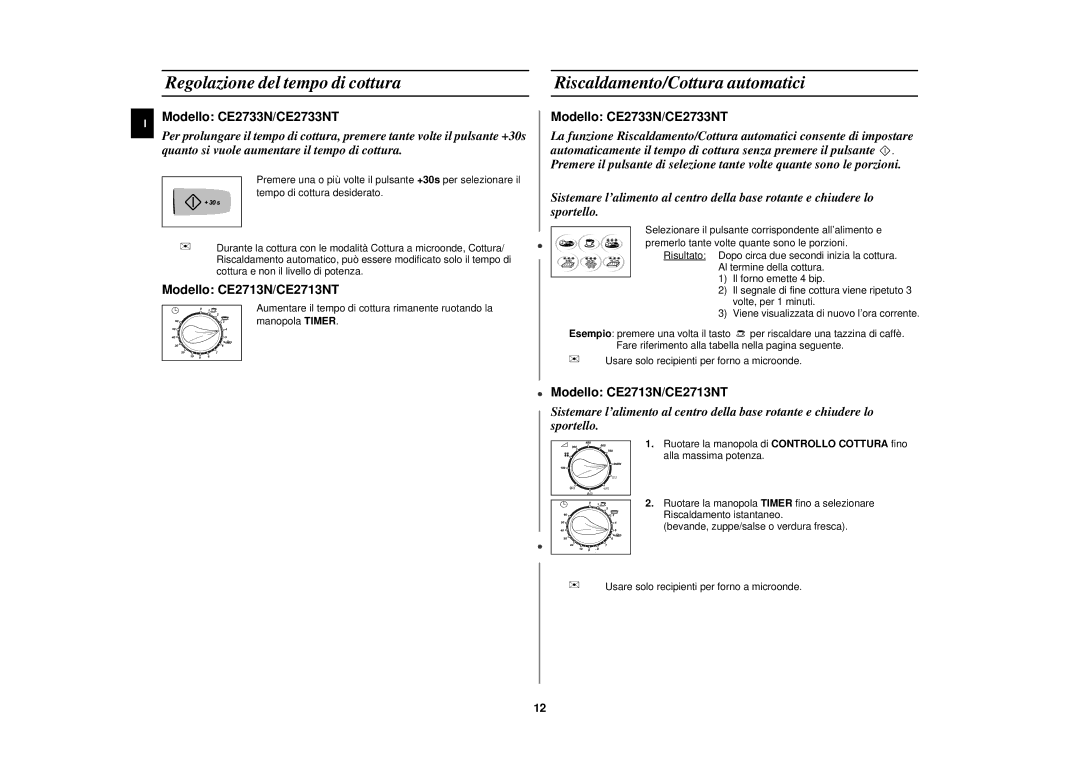 Samsung CE2713N/XET manual Regolazione del tempo di cottura, Riscaldamento/Cottura automatici 