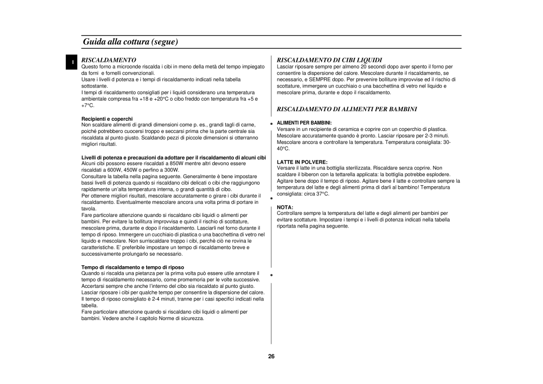 Samsung CE2713N/XET manual Riscaldamento DI Cibi Liquidi, Riscaldamento DI Alimenti PER Bambini, Recipienti e coperchi 