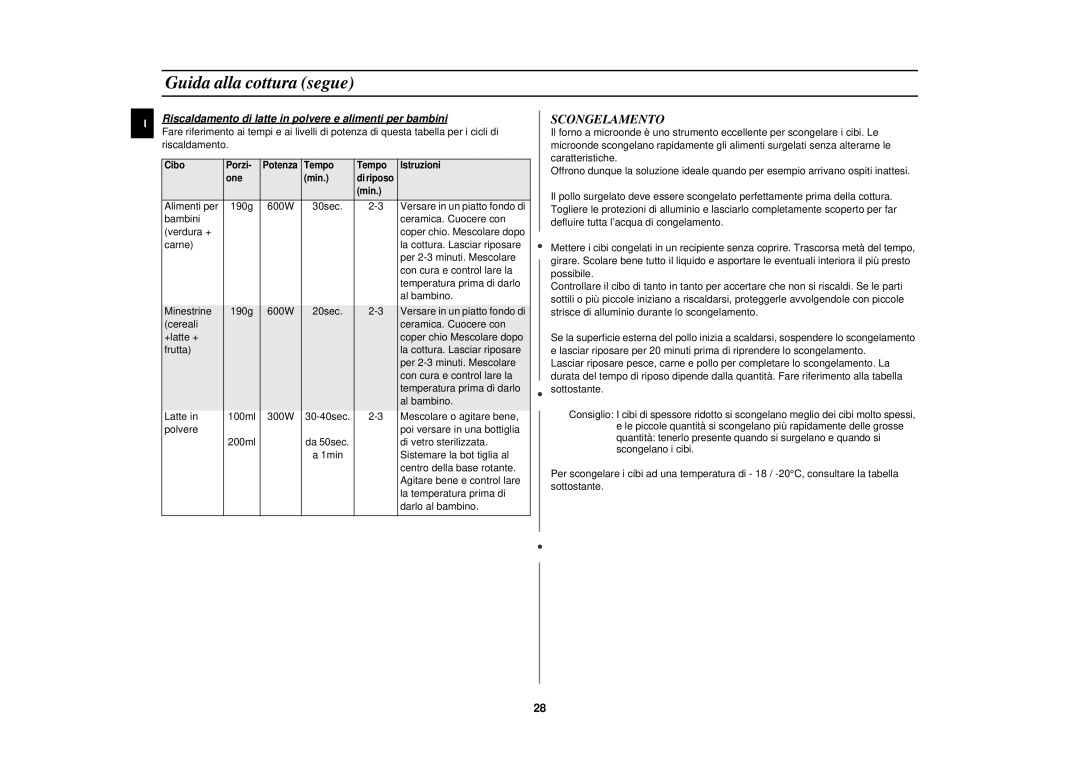 Samsung CE2713N/XET manual Scongelamento, Riscaldamento di latte in polvere e alimenti per bambini 