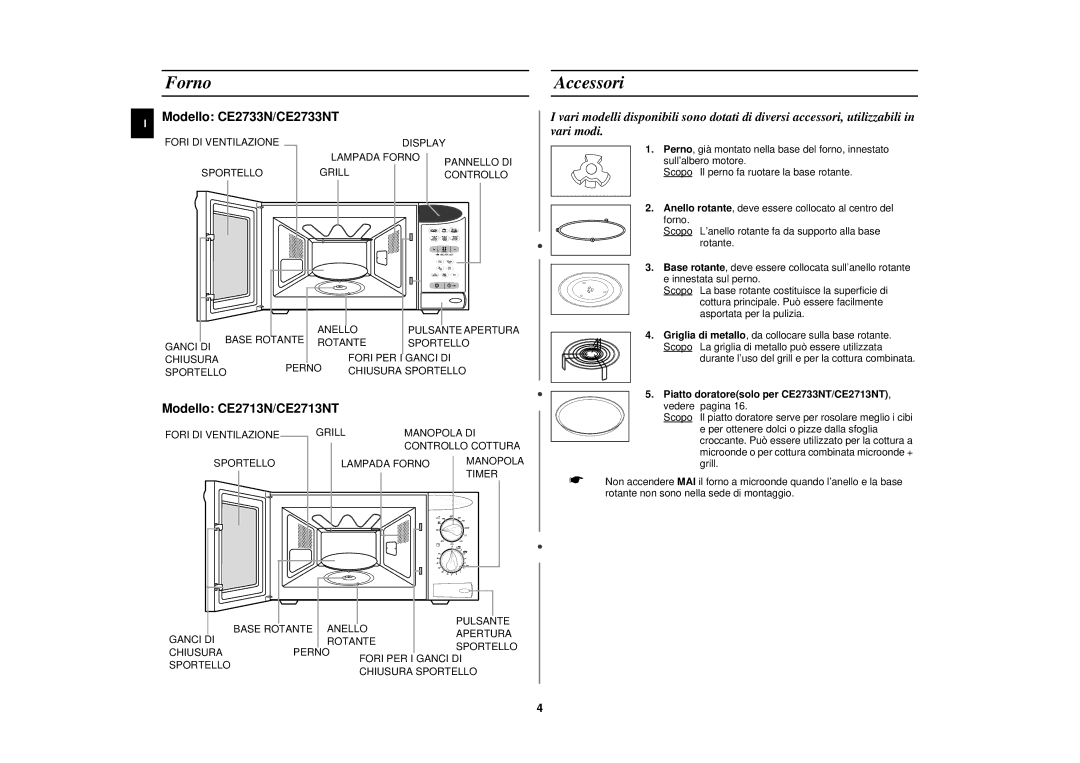 Samsung CE2713N/XET manual Forno, Accessori, Piatto doratoresolo per CE2733NT/CE2713NT, vedere pagina 