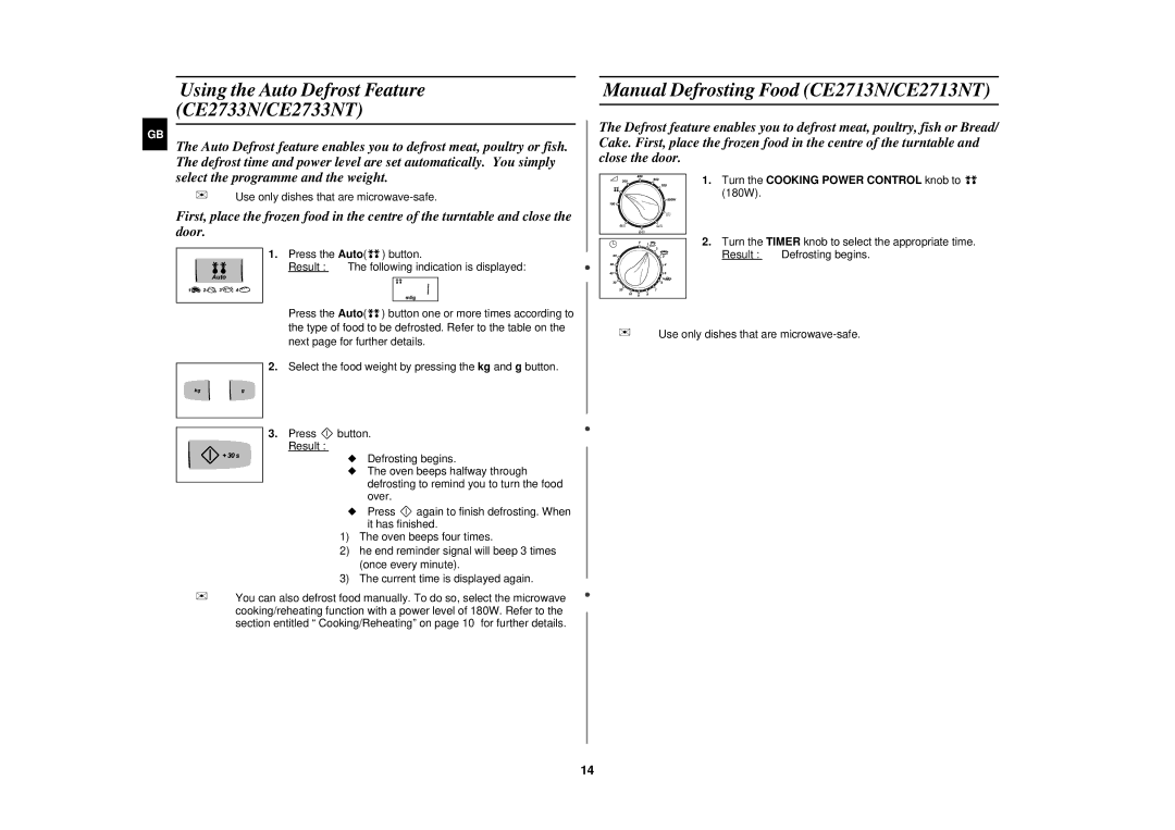 Samsung CE2713N/XET manual Manual Defrosting Food CE2713N/CE2713NT, Turn the Cooking Power Control knob to 180W 