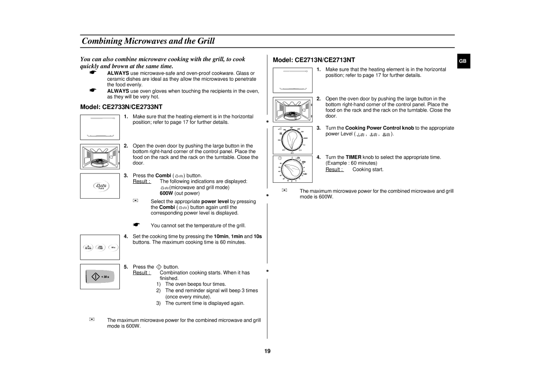 Samsung CE2713N/XET manual Combining Microwaves and the Grill, Turn the Cooking Power Control knob to the appropriate 