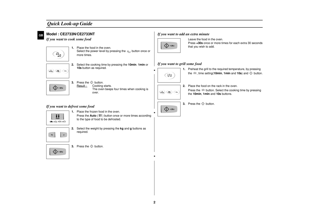 Samsung CE2713N/XET manual Quick Look-up Guide, Model CE2733N/CE2733NT 