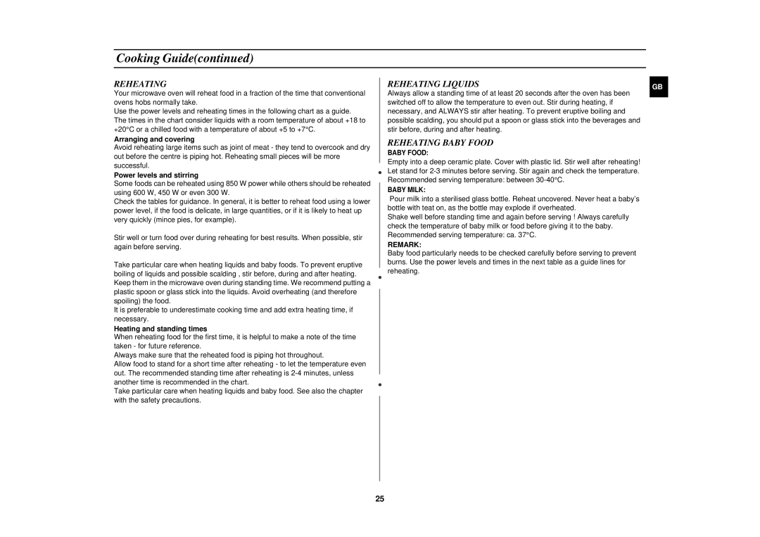 Samsung CE2713N/XET manual Reheating Liquids, Reheating Baby Food 