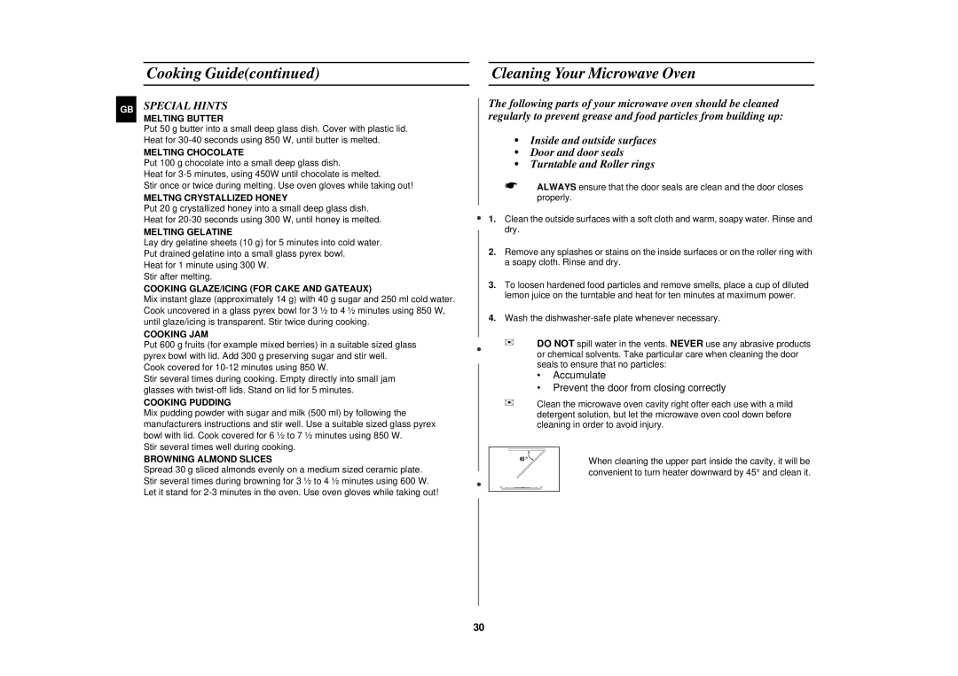 Samsung CE2713N/XET manual Cleaning Your Microwave Oven, GB Special Hints 