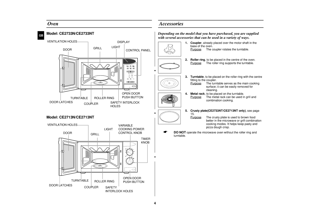 Samsung CE2713N/XET manual Oven, Accessories, Crusty plateCE2733NT/CE2713NT only, see 