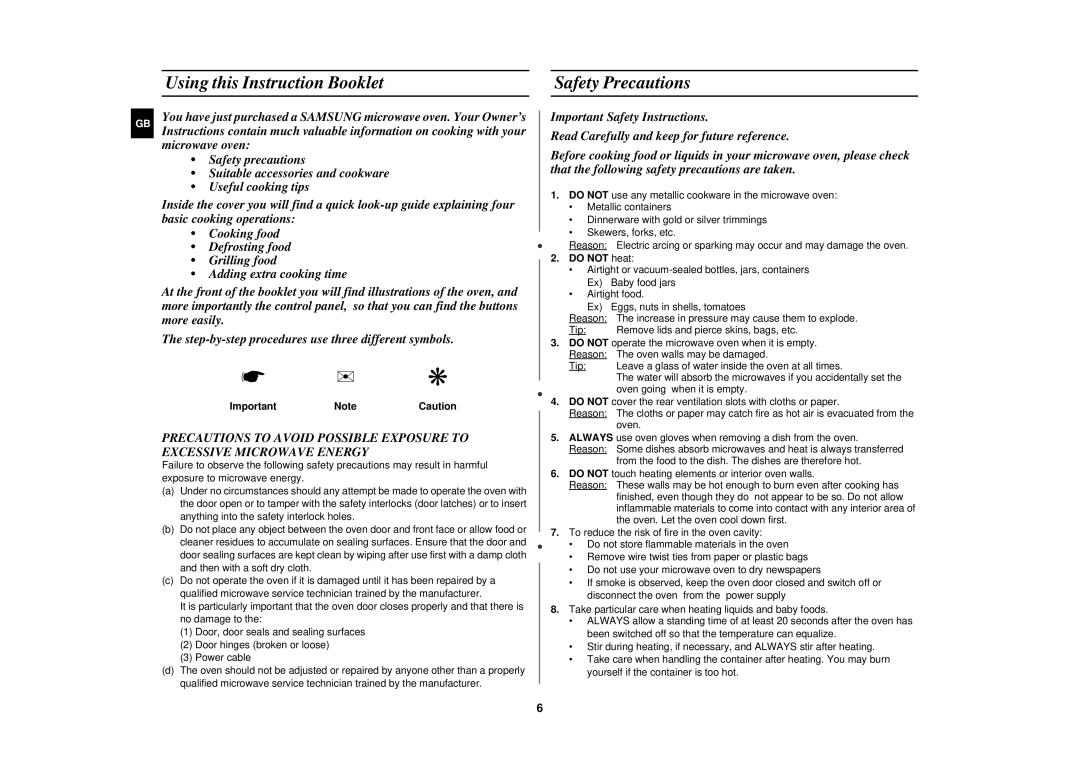 Samsung CE2713N/XET manual Using this Instruction Booklet, Safety Precautions, Do not heat 