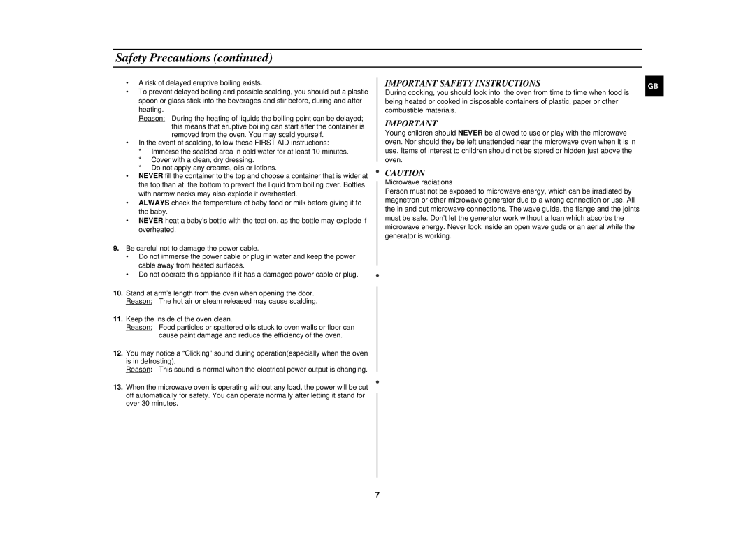 Samsung CE2713N/XET manual Important Safety Instructions 