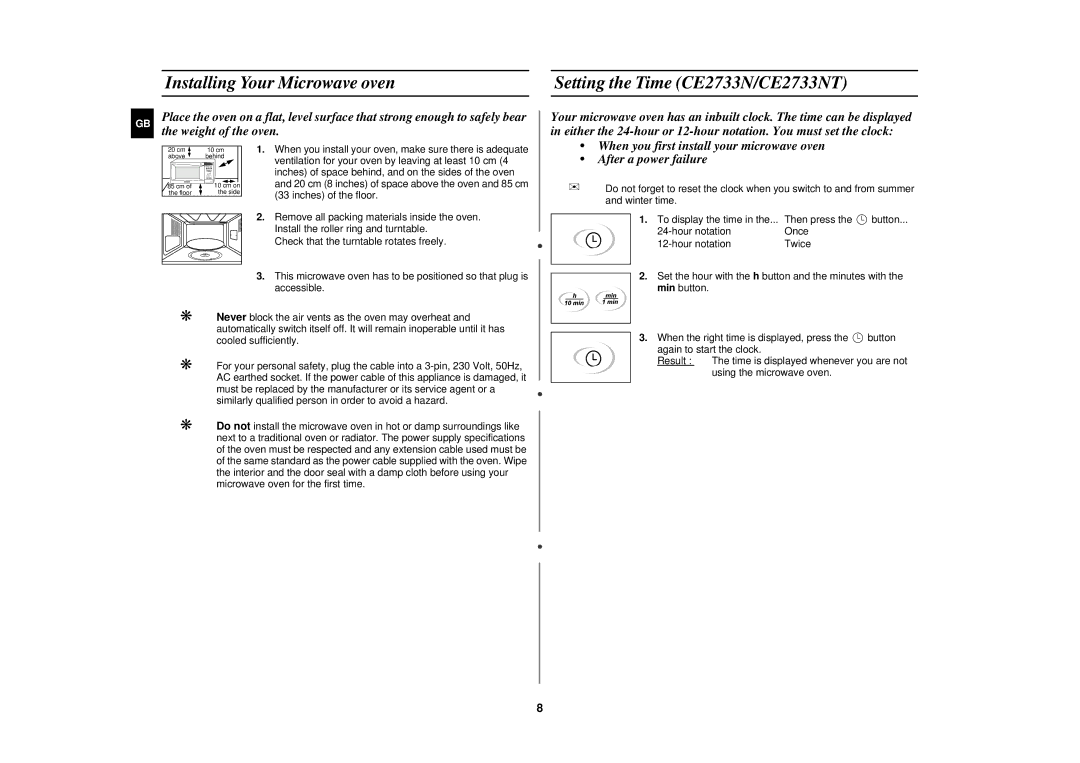 Samsung CE2713N/XET manual Ventilation for your oven by leaving at least 10 cm 