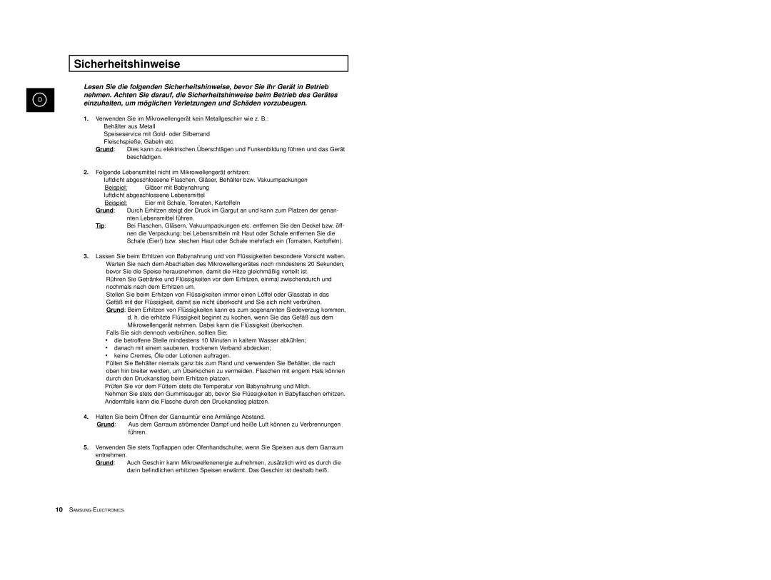 Samsung CE2713/XEG, CE2713T-M/XEG, CE2713T-B/XEG, CE2713-B/XEG, CE2713-M/XEG, CE2713T/XEG manual Sicherheitshinweise, Grund, Tip 