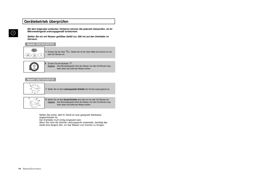 Samsung CE2713-B/XEG, CE2713T-M/XEG, CE2713T-B/XEG, CE2713-M/XEG, CE2713/XEG Gerätebetrieb überprüfen, Modell CE2733/CE2733T 