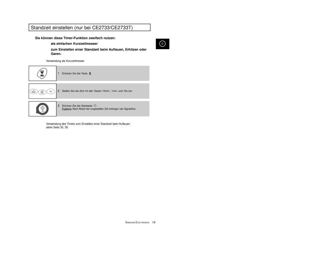 Samsung CE2713T-B/XEG, CE2713T-M/XEG, CE2713/XEG Standzeit einstellen nur bei CE2733/CE2733T, Verwendung als Kurzzeitmesser 