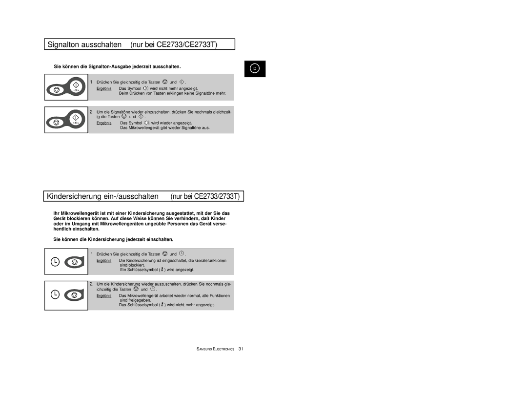 Samsung CE2713T-B/XEG Signalton ausschalten nur bei CE2733/CE2733T, Kindersicherung ein-/ausschalten nur bei CE2733/2733T 