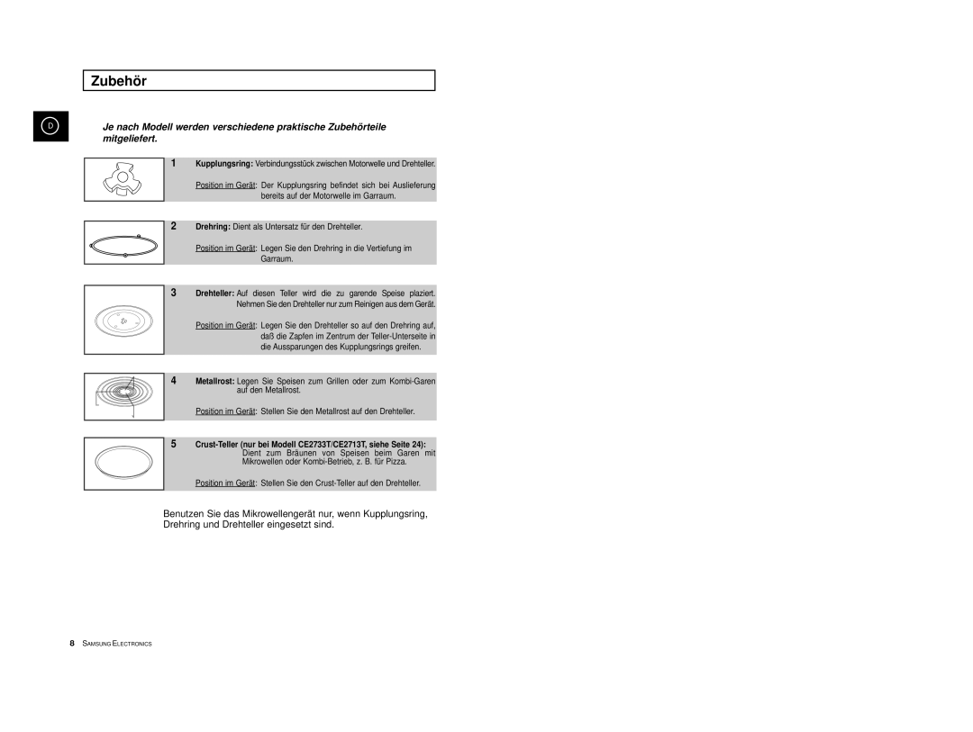 Samsung CE2713-B/XEG, CE2713T-M/XEG, CE2713T-B/XEG, CE2713-M/XEG, CE2713/XEG, CE2713T/XEG manual Zubehör 