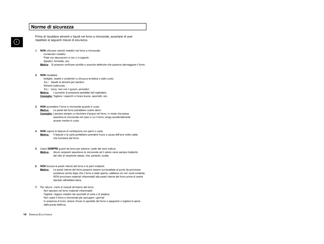 Samsung CE2713/XET manual Norme di sicurezza, Motivo 