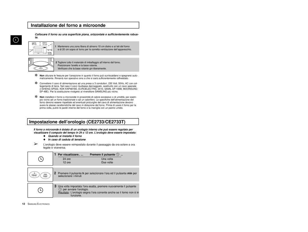 Samsung CE2713/XET manual Installazione del forno a microonde, Impostazione dell’orologio CE2733/CE2733T 