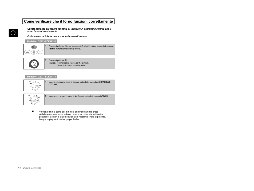 Samsung CE2713/XET manual Come verificare che il forno funzioni correttamente, Modello CE2733/CE2733T 