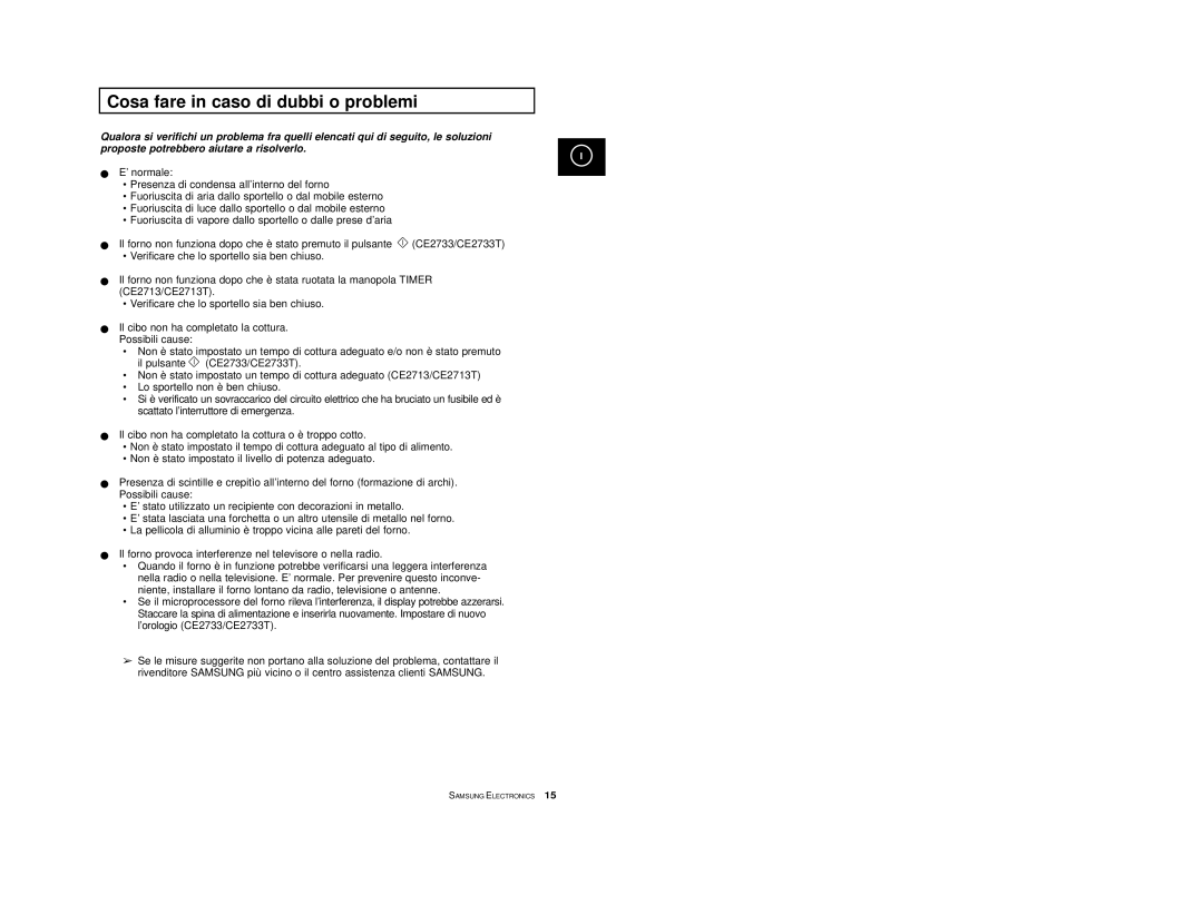 Samsung CE2713/XET manual Cosa fare in caso di dubbi o problemi 