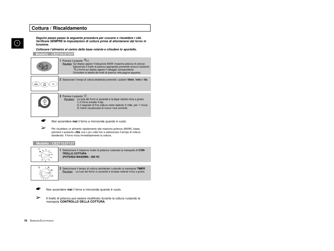 Samsung CE2713/XET manual Cottura / Riscaldamento, Modello CE2733/2733T 