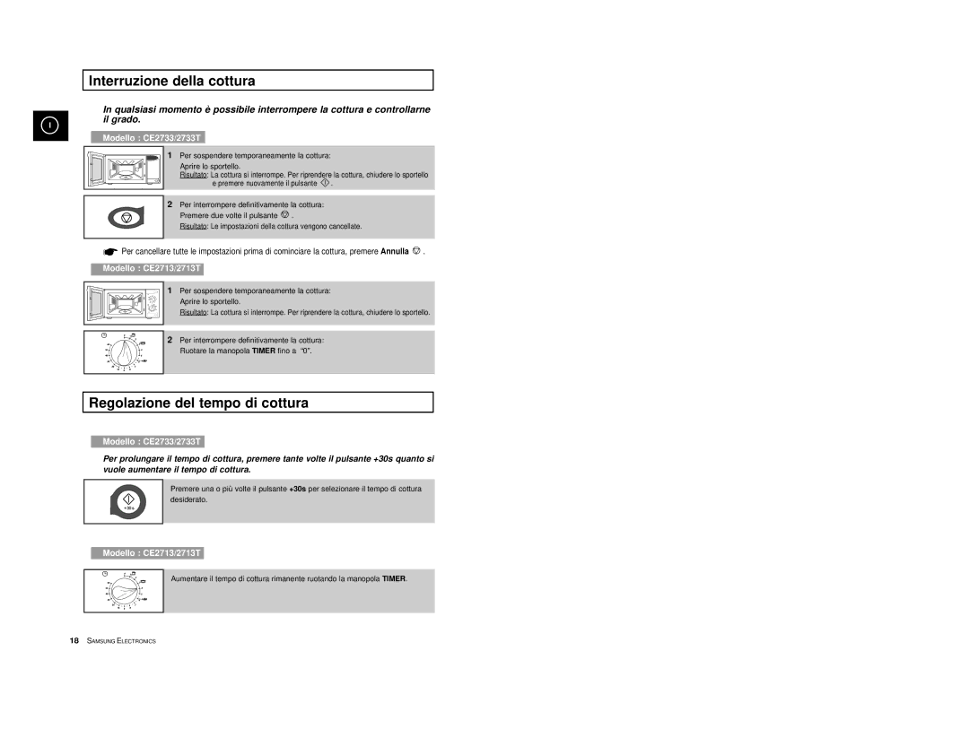 Samsung CE2713/XET manual Interruzione della cottura, Regolazione del tempo di cottura 