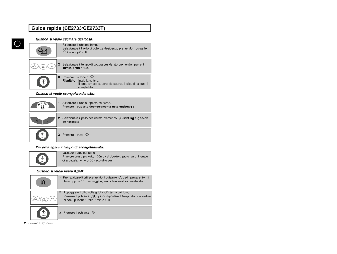 Samsung CE2713/XET manual Guida rapida CE2733/CE2733T, Quando si vuole cucinare qualcosa 