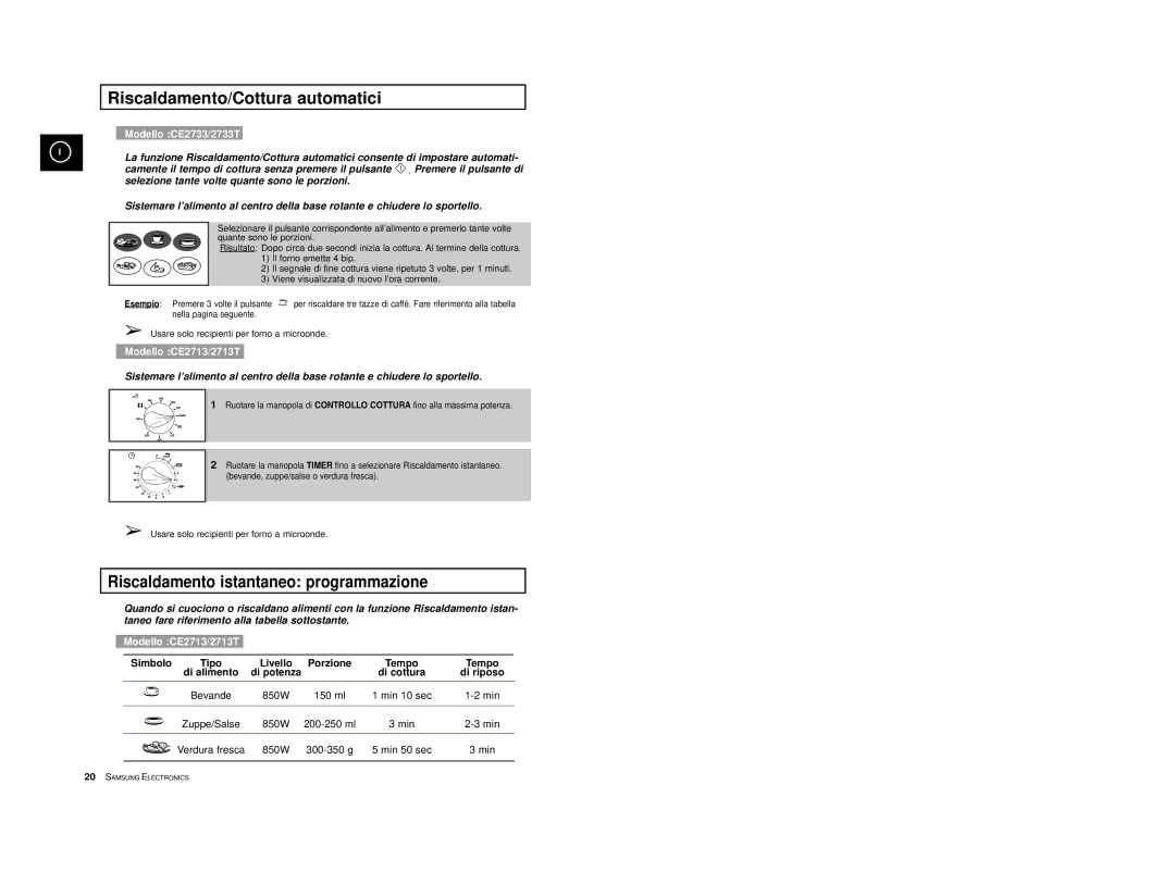 Samsung CE2713/XET manual Riscaldamento/Cottura automatici, Riscaldamento istantaneo programmazione, Simbolo, Livello 