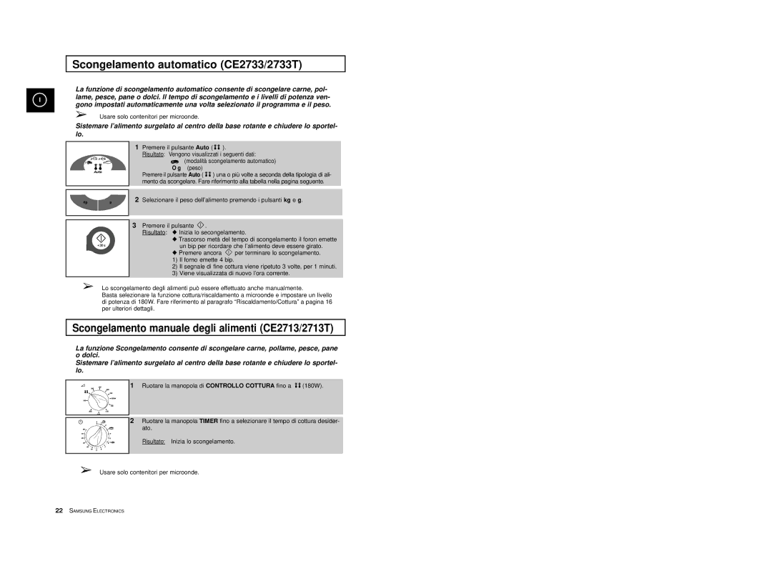 Samsung CE2713/XET Scongelamento automatico CE2733/2733T, Scongelamento manuale degli alimenti CE2713/2713T 