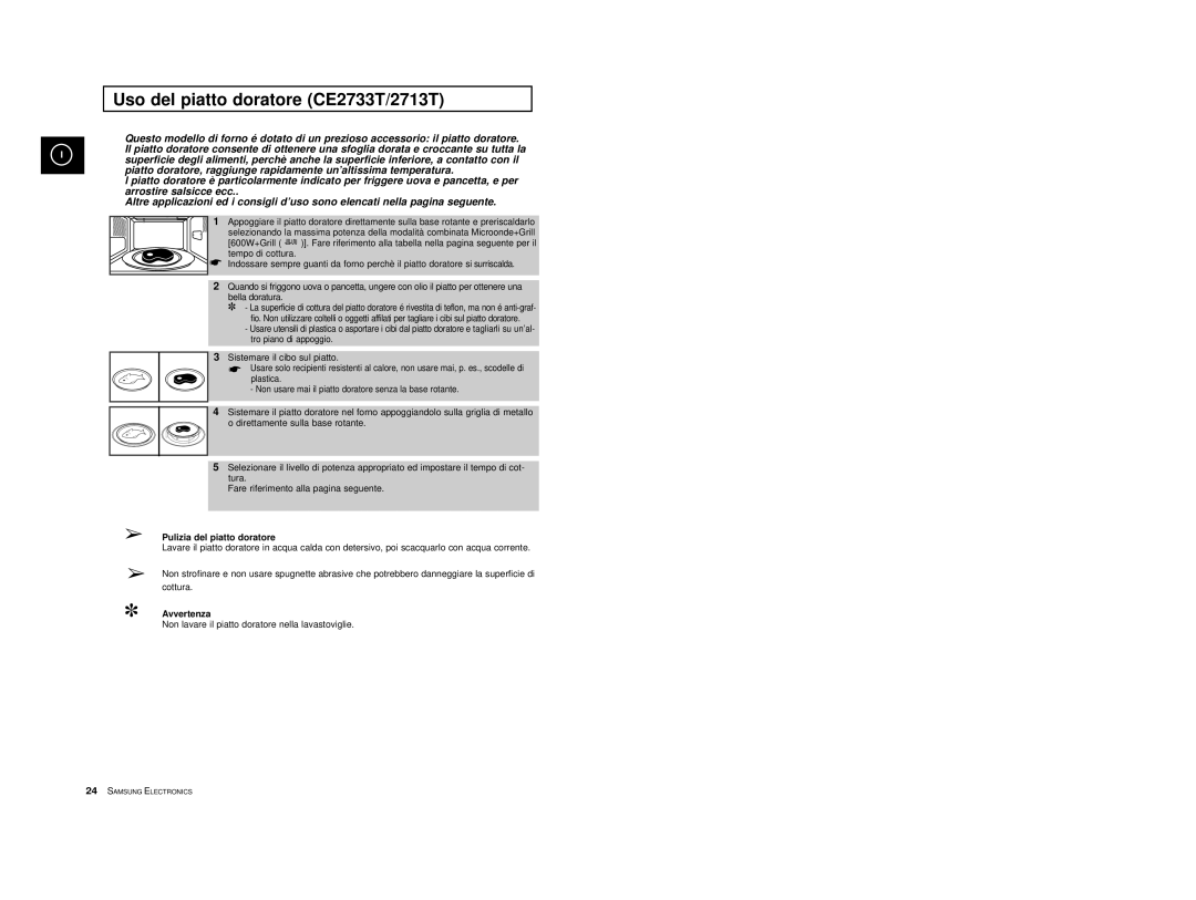 Samsung CE2713/XET manual Uso del piatto doratore CE2733T/2713T, Pulizia del piatto doratore 