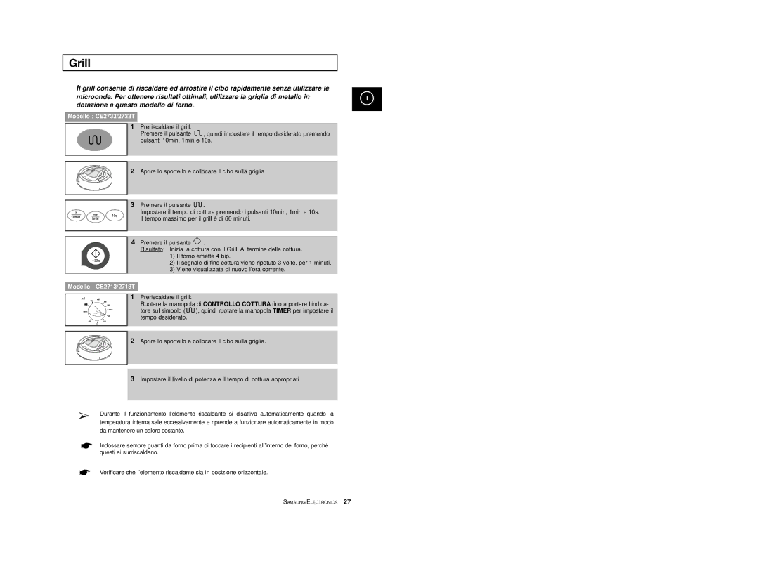 Samsung CE2713/XET manual Grill, Modello CE2733/2733T 