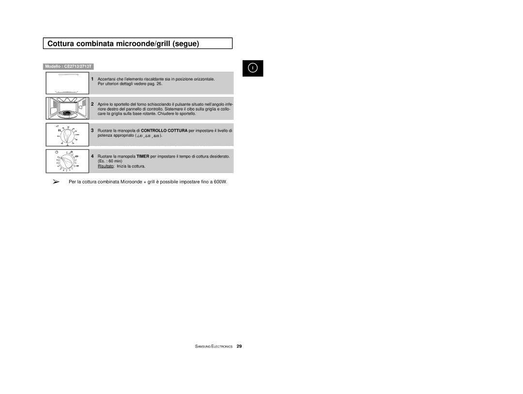 Samsung CE2713/XET manual Cottura combinata microonde/grill segue 