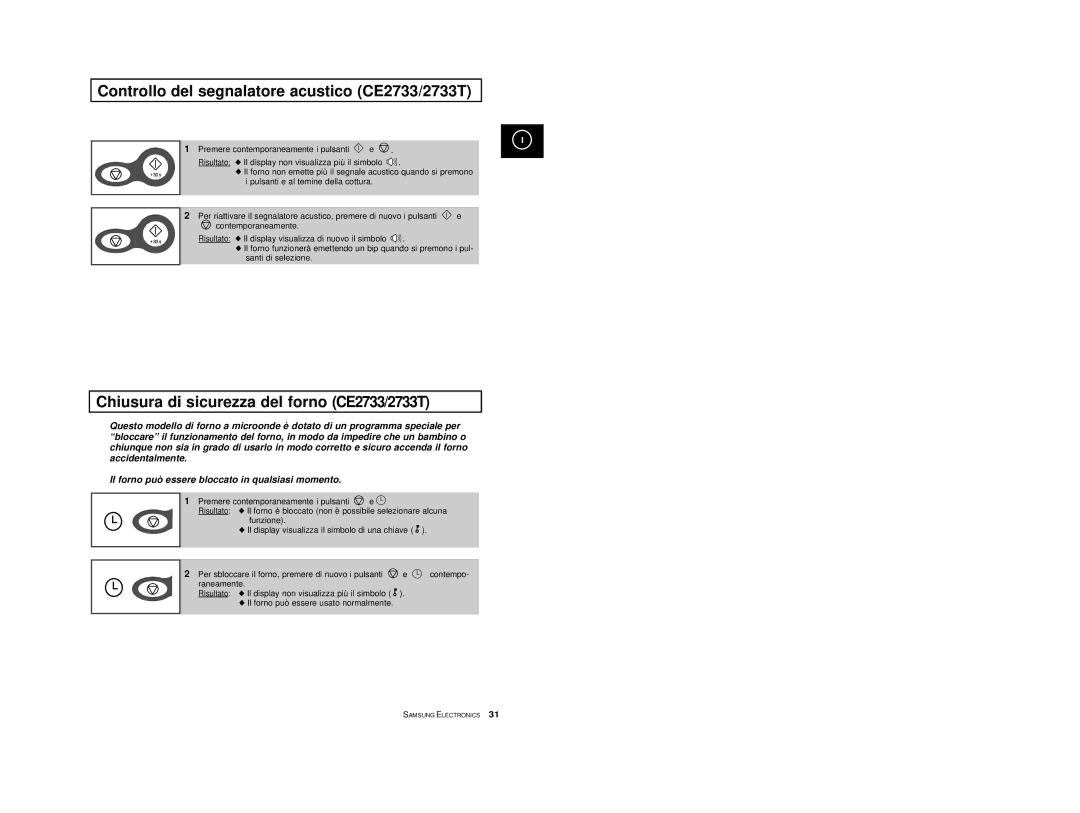 Samsung CE2713/XET manual Controllo del segnalatore acustico CE2733/2733T, Chiusura di sicurezza del forno CE2733/2733T 