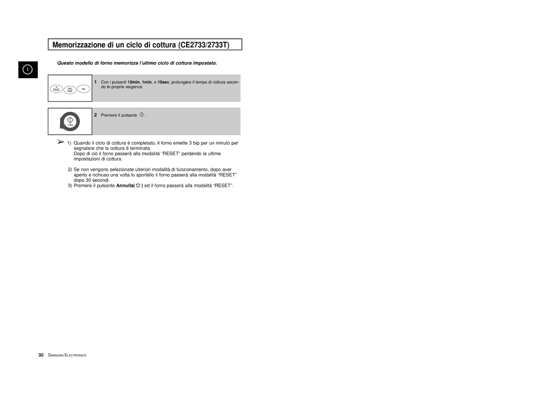 Samsung CE2713/XET manual Memorizzazione di un ciclo di cottura CE2733/2733T 