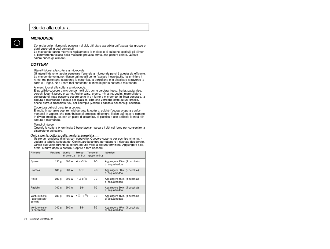 Samsung CE2713/XET manual Guida alla cottura, Guida per la cottura della verdura surgelata 