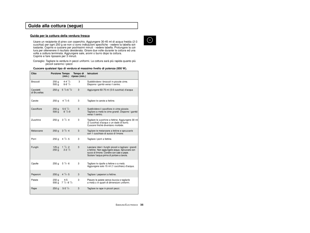 Samsung CE2713/XET manual Guida alla cottura segue, Guida per la cottura della verdura fresca 