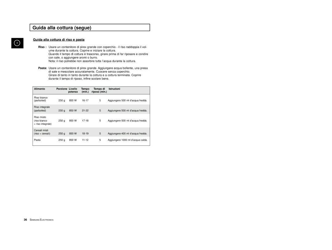 Samsung CE2713/XET manual Guida alla cottura di riso e pasta, Alimento Porzione Livello Tempo Tempo di Istruzioni 