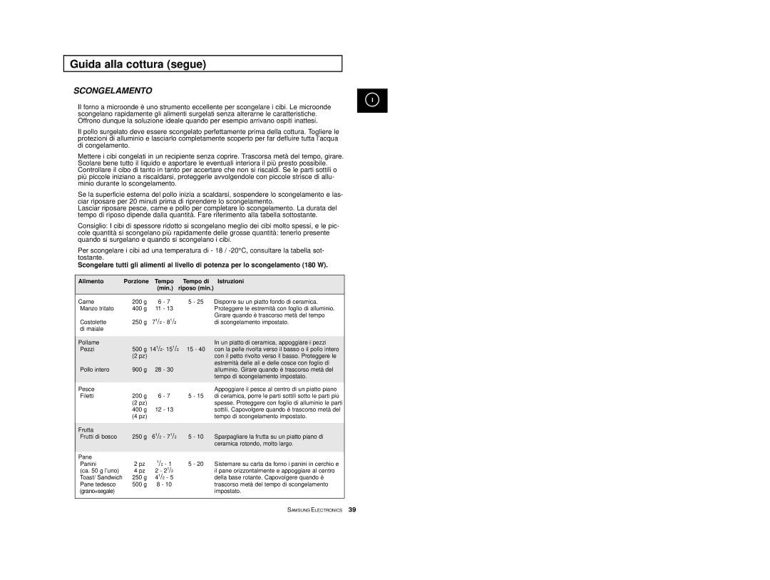 Samsung CE2713/XET manual Scongelamento, Alimento Porzione Tempo Tempo di Istruzioni Min. riposo min 