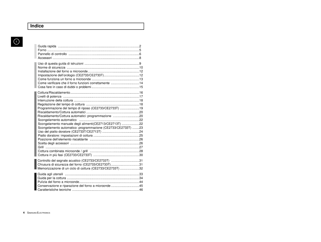 Samsung CE2713/XET manual Indice 