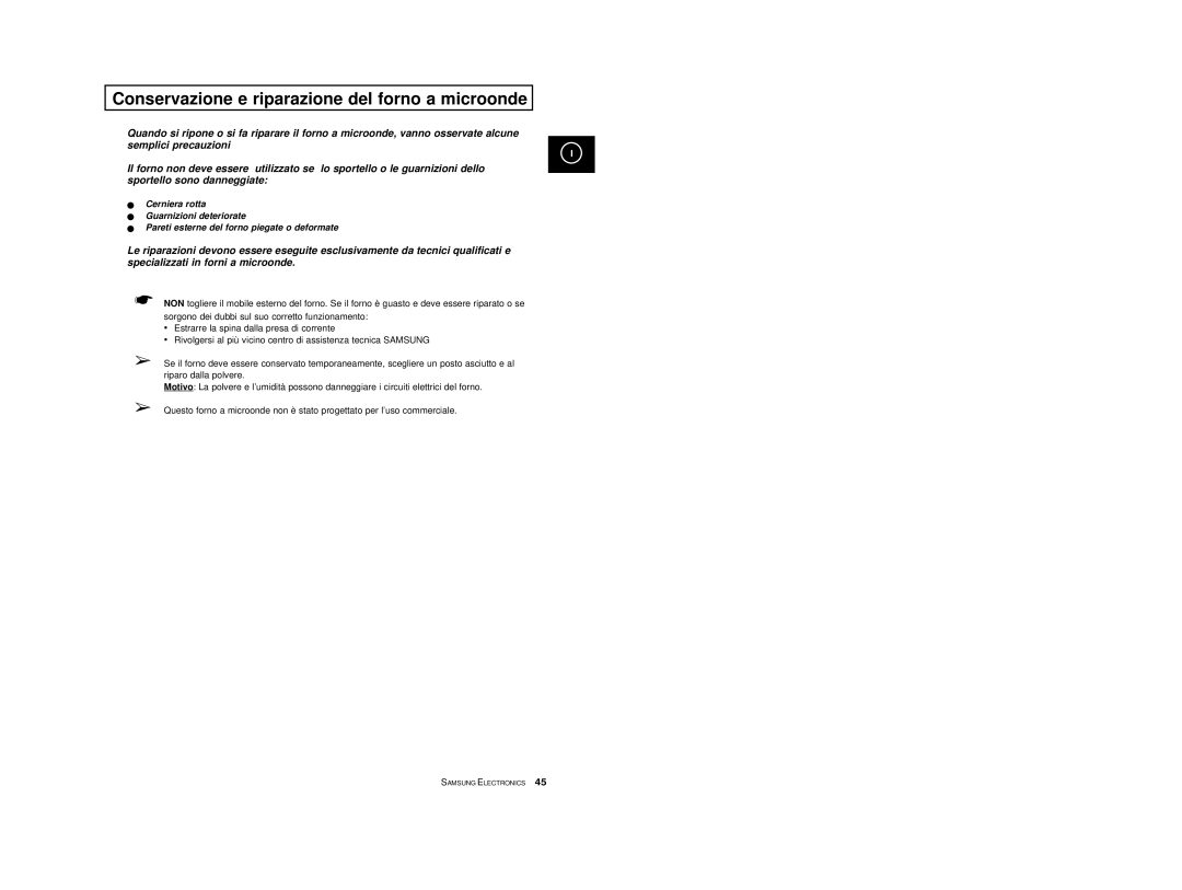 Samsung CE2713/XET manual Conservazione e riparazione del forno a microonde 