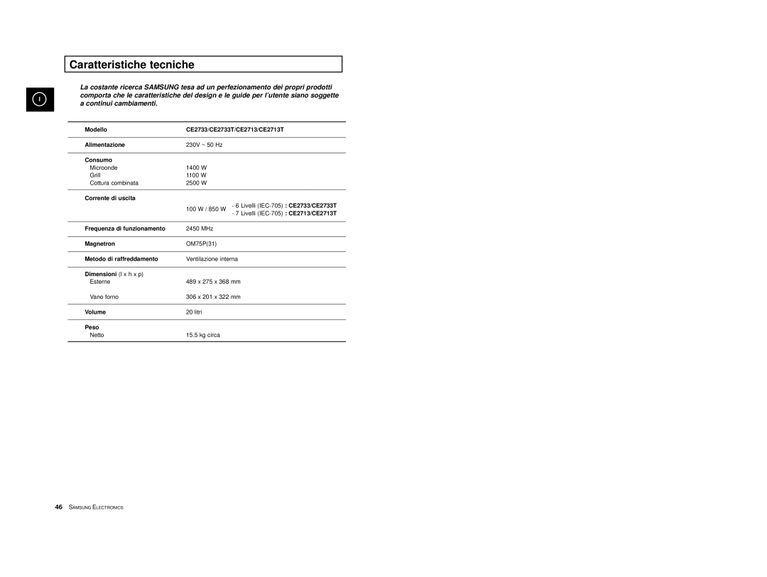 Samsung CE2713/XET manual Caratteristiche tecniche 